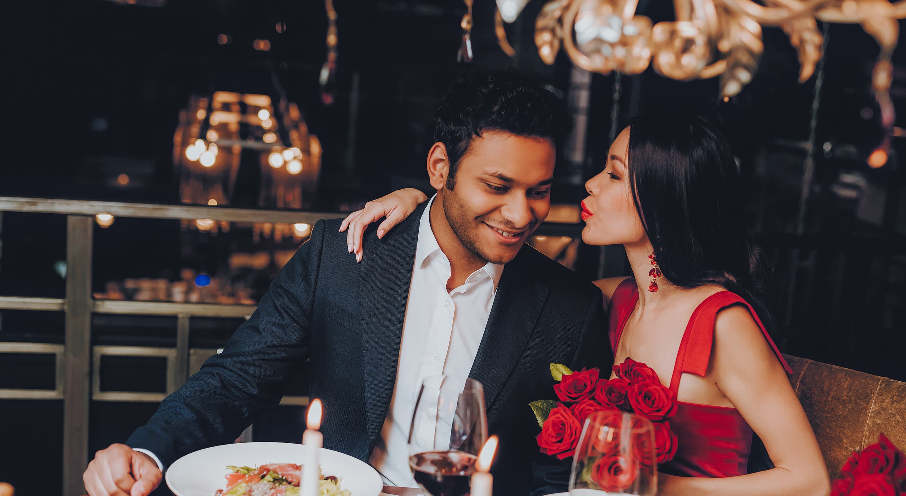 romantic couple enjoying dinner together