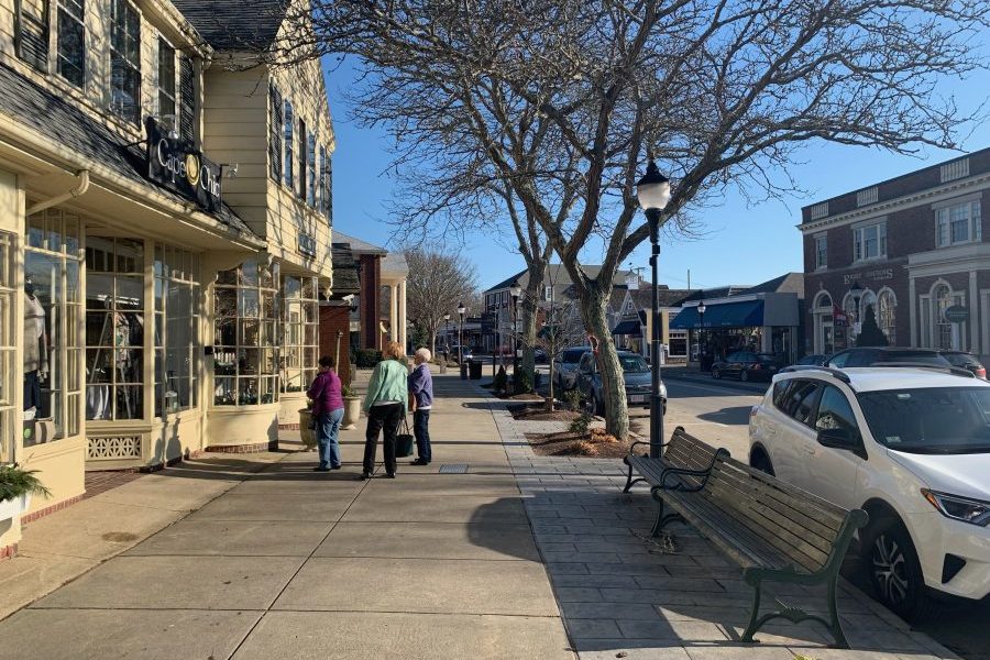 main street in Falmouth with shoppers