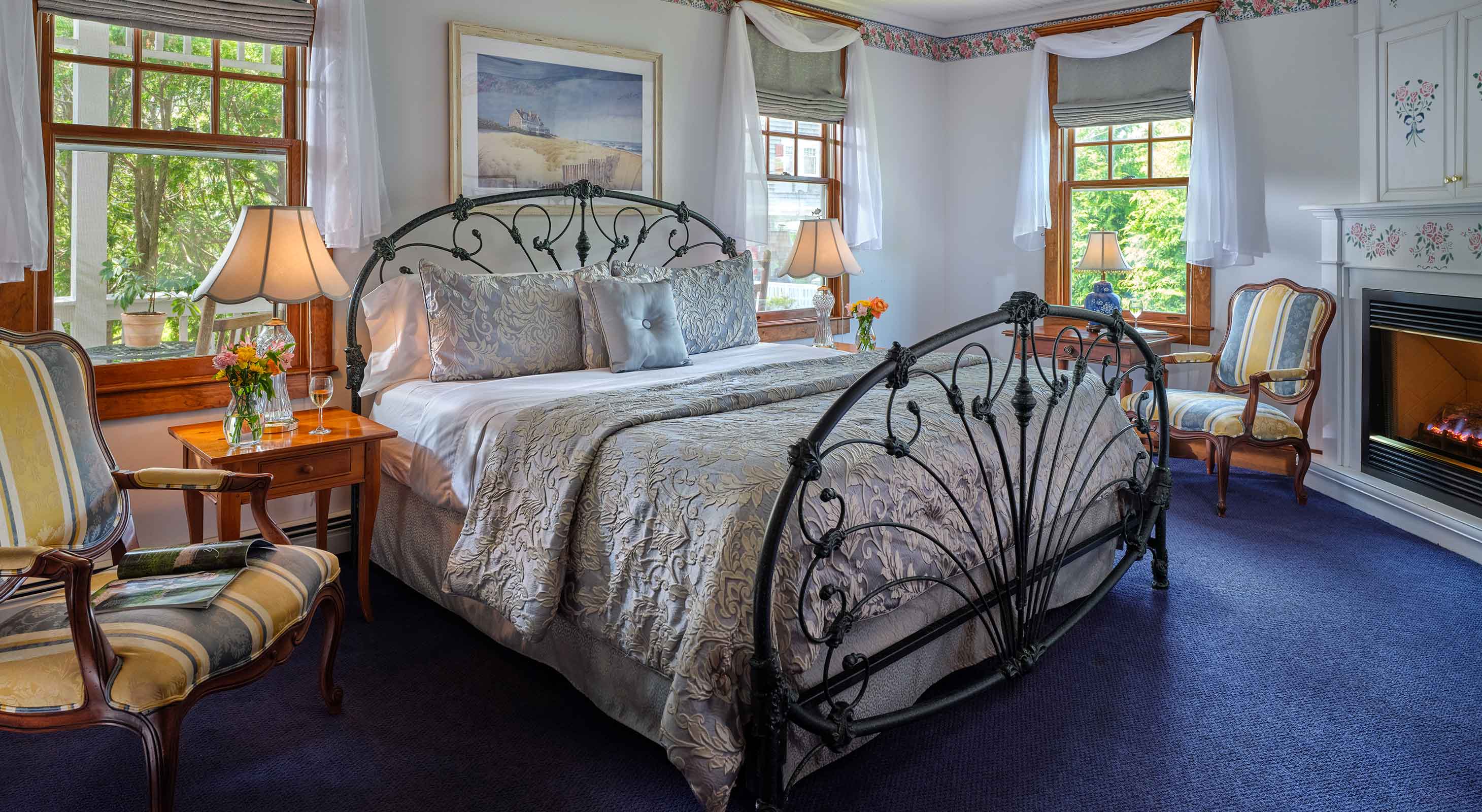 Beecher Room bed and fireplace