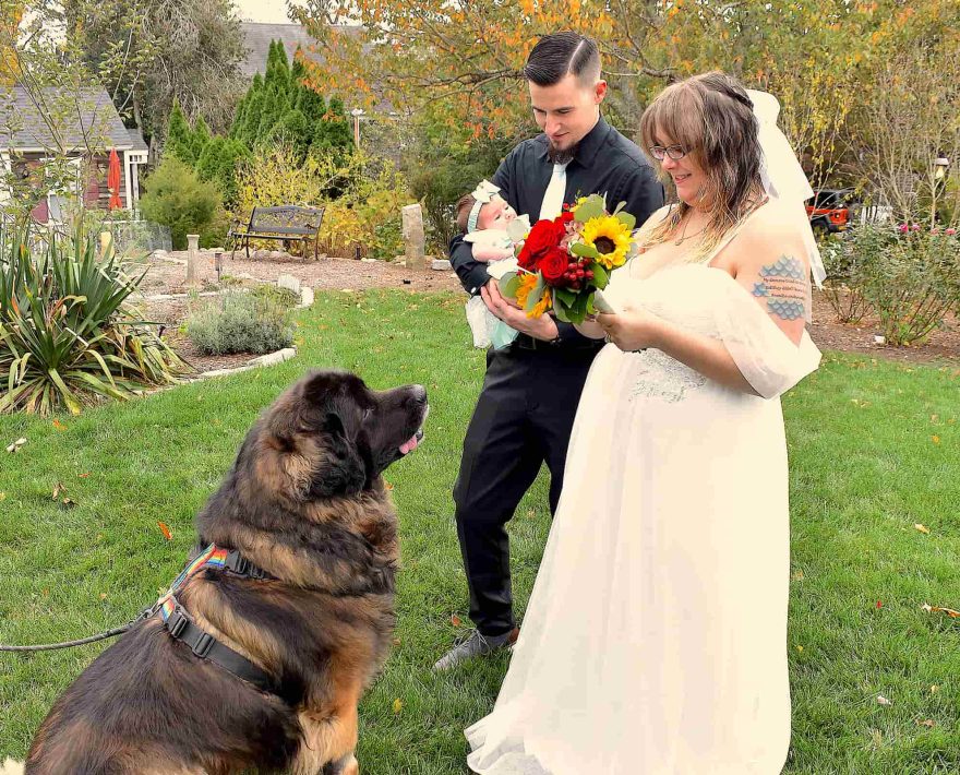 Bride and groom with a dog during a Cape Cod elopement