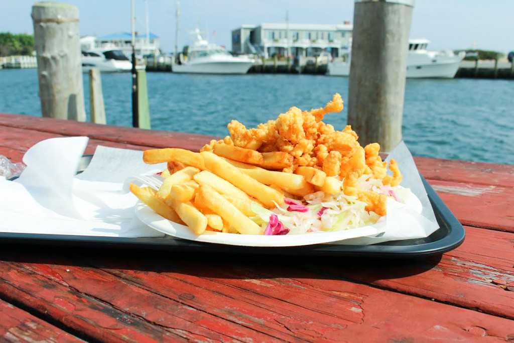 Fried clams on the picnic tables.