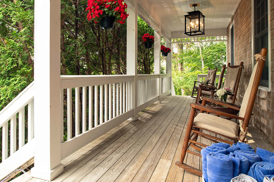 Front porch with rocking chairs at our bed and breakfast in Falmouth, MA bed and breakfast