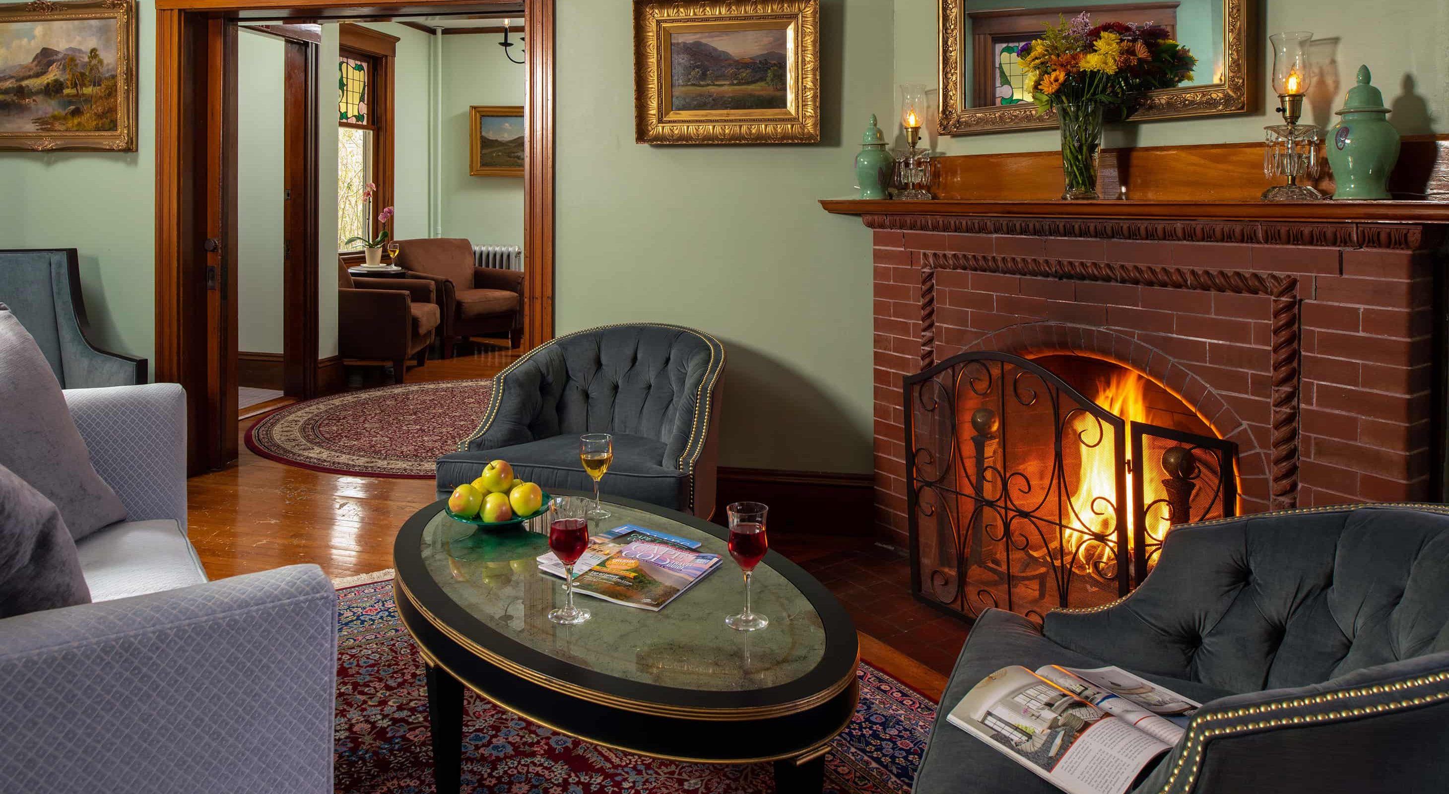 living room with a fireplace