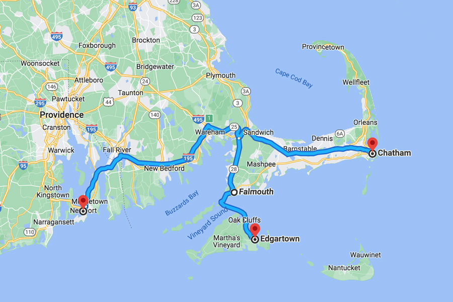 map of best days trips from Falmouth MA