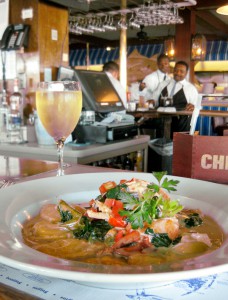 Lobster Ravioli and White Wine at the Flying Bridge Restaurant