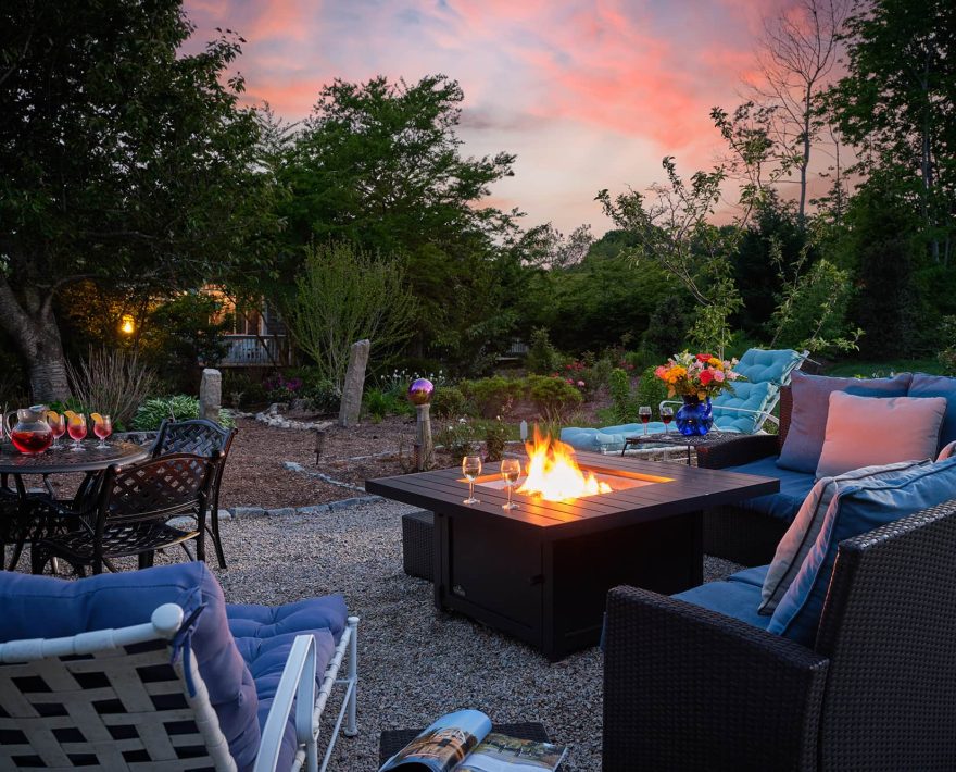 Fire pit at sunset with wine