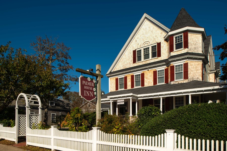 Exterior of shingled Victorian bed and breakfast in Falmouth, MA on Cape Cod