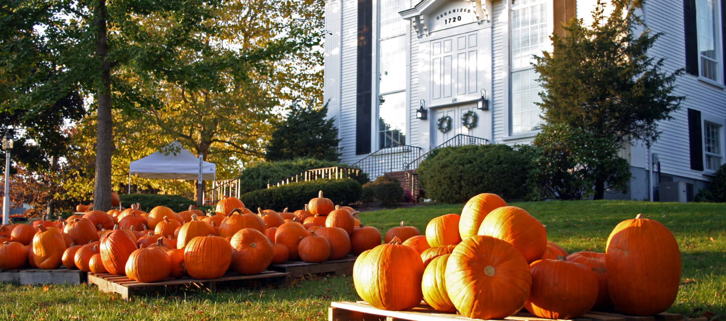 bright orange pumpkins displayed on wooden pallets in front of a historic building in cape cod 